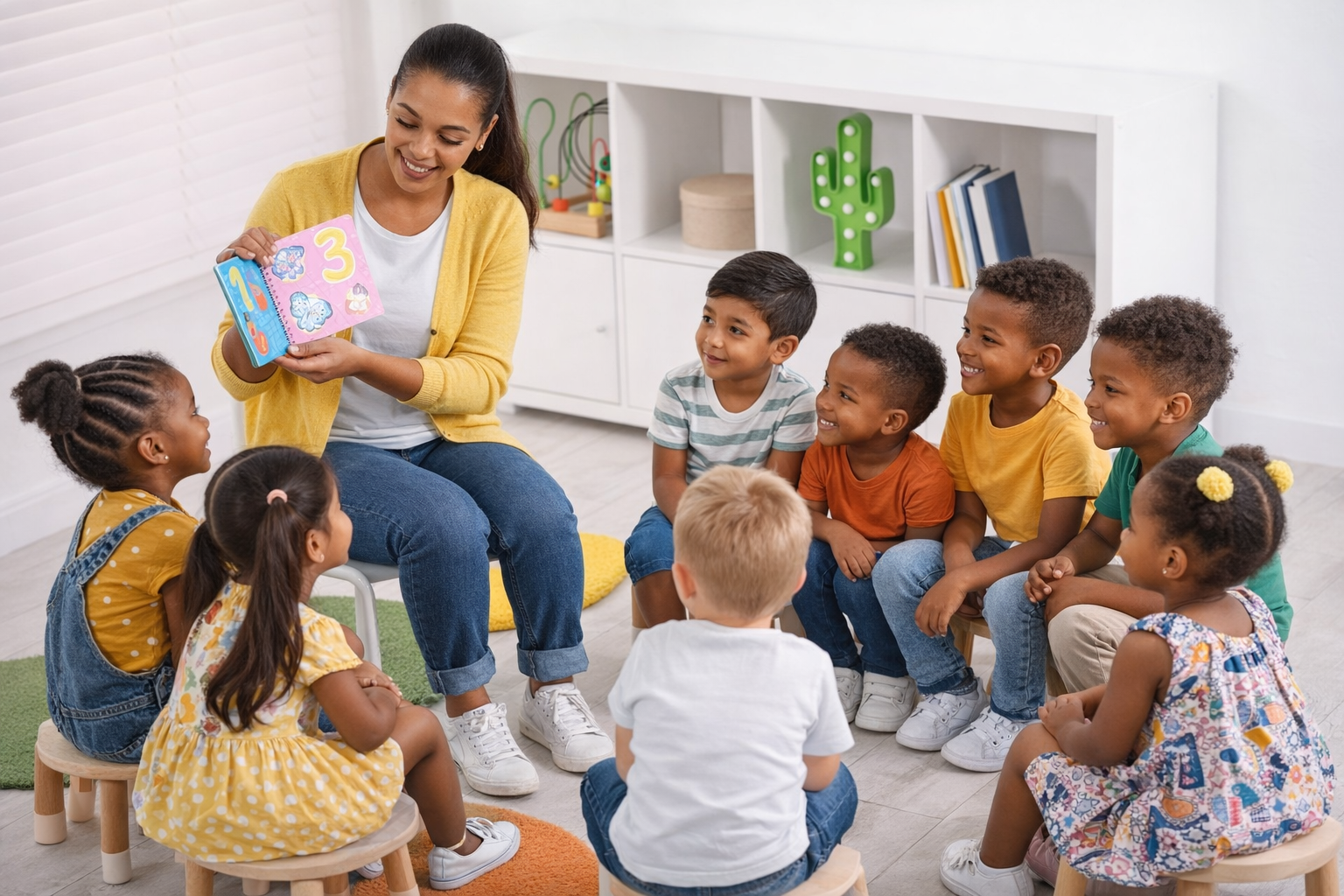 Teacher engaging a group of children during story time